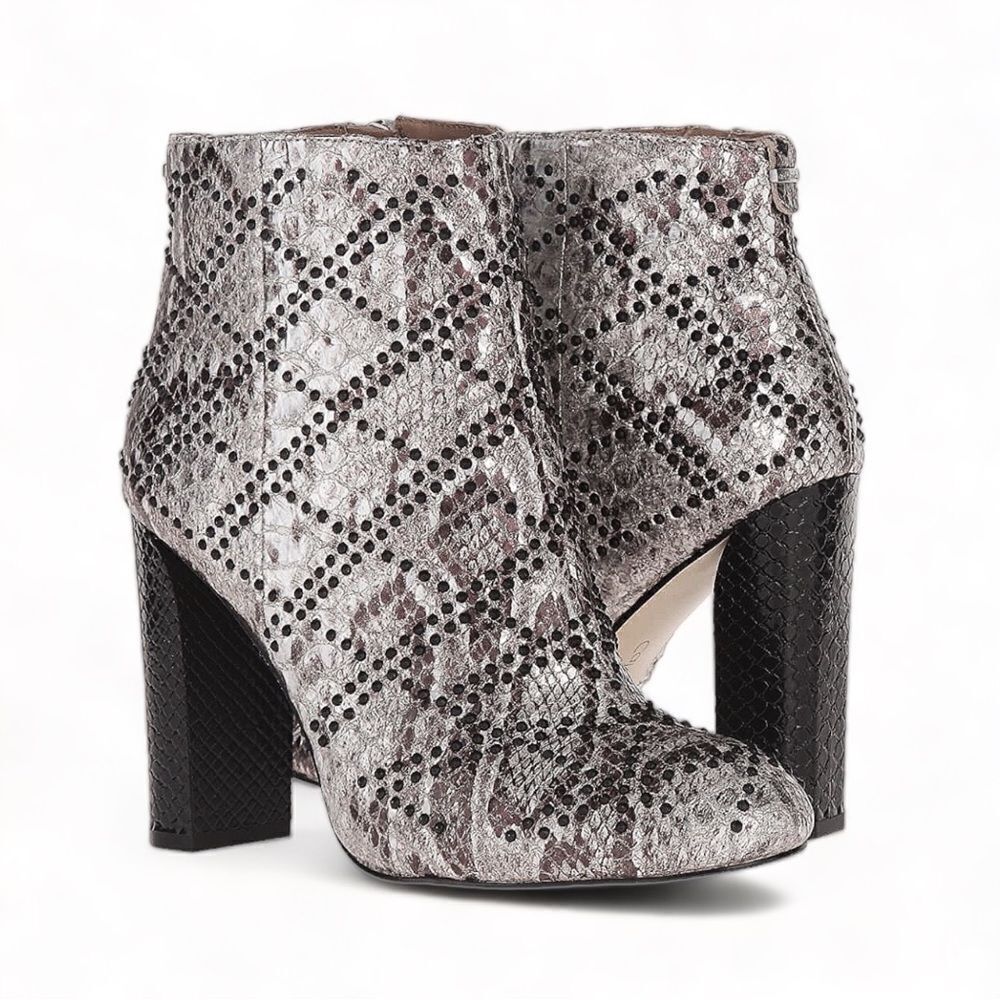 Calvin Klein Jamine Foiled Python Snake Print Studded Ankle Bootie